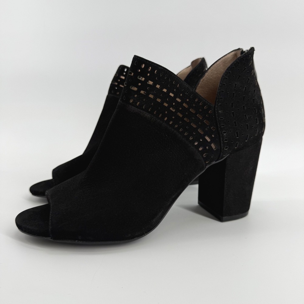 Antonio Melani Black Suede Peep Toe Block Heel Ankle Boots Laser Cut Size 9‎ NEW